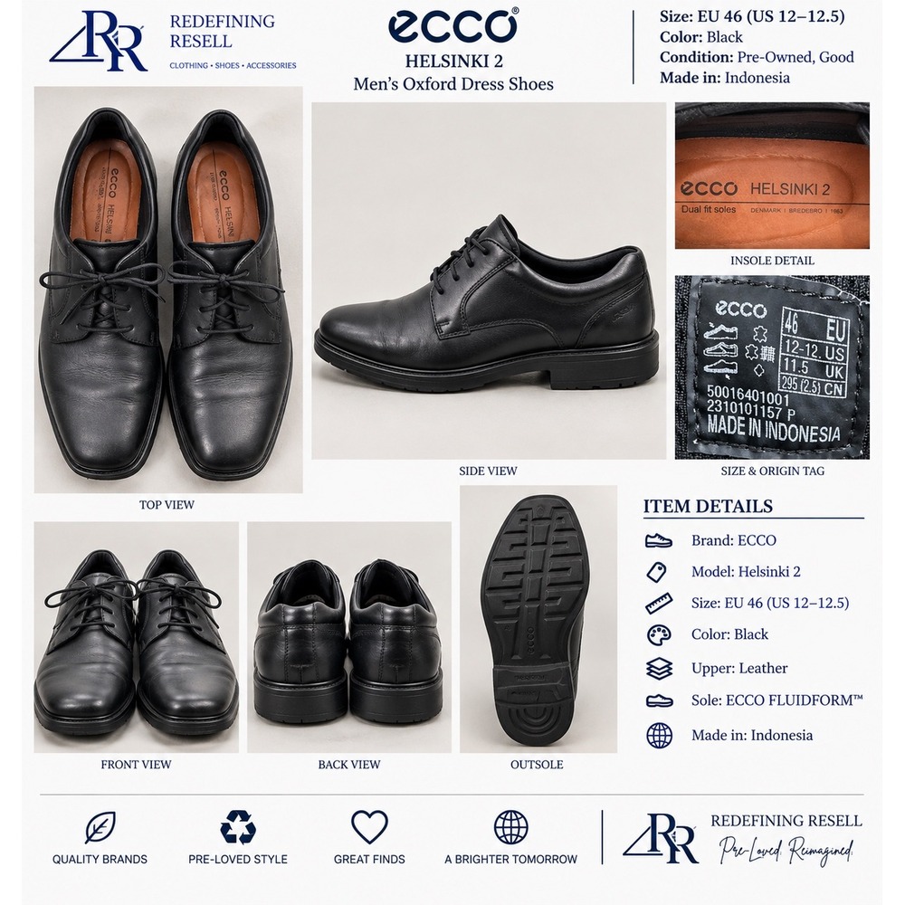 ECCO Helsinki 2 Mens Black Leather Oxford Dress Shoes EU 46 US 12-12.5